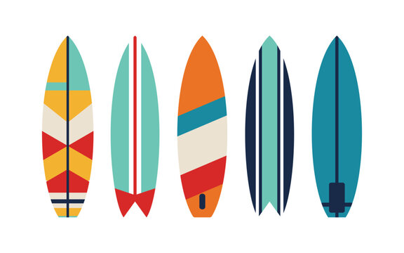 Retro Surfboard Collection with Colorful Geometric Patterns for Beach and Summer Artwork, Vector