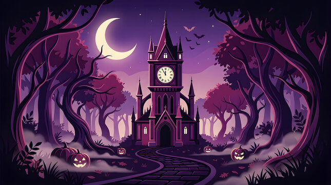 Magic forest illustration, haunted castle clock tower, glowing pumpkin lanterns, spooky purple night sky, witching hour fantasy landscape, gothic Halloween atmosphere isolated on White
