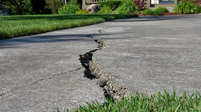 A deep fracture running through a weathered concrete driveway in bright daylight. Ideal visual for home maintenance, property damage, and foundation repair concepts.