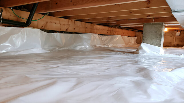 A vapor barrier installation inside a dark crawl space under a house. This illustrates professional home maintenance and moisture control solutions.