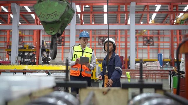 Industrial engineers wearing safety gear inspect machinery and production processes during a quality control audit inside a modern factory.