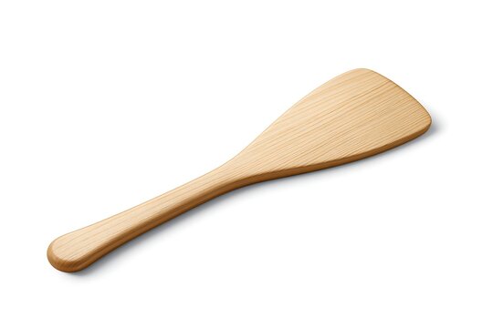 A single wooden spatula with a wide flat head and a smooth handle isolated on a plain white background, with a soft, shadow cast to, the right