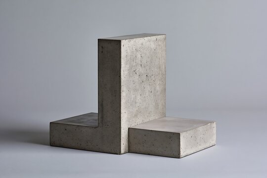 An l shaped concrete sculpture with a rough textured surface isolated on a light grey background, for architectural and, artistic display
