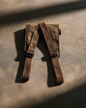 Brown leather binocular harness with adjustable straps and metal buckles on a concrete surface for outdoor gear and adventure equipment