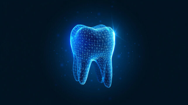 Digital wireframe of a glowing blue tooth floating against a dark background with light effects. Ideal for modern dental technology and healthcare concepts.