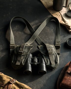 Green canvas binocular harness with straps and metal buckles on a dark textured surface for outdoor gear and adventure equipment display