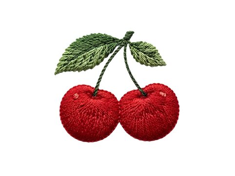 Two ripe red cherries with green leaves connected by stems, rendered