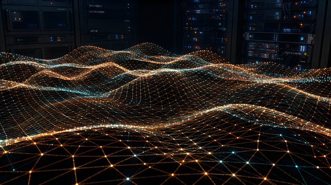 Abstract digital landscape with glowing orange light lines and connected dots on a black background
