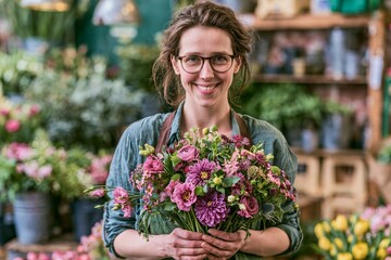Fototapeta premium Flower Shop Owner Smiles While Holding a Mixed Flower Bouquet in a Busy Flower Shop Filled With Plants
