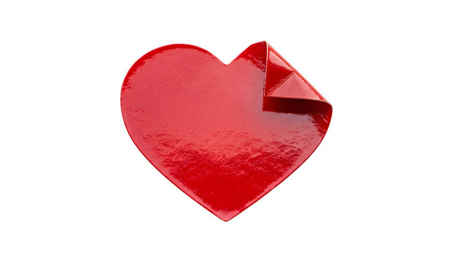 Red heart sticker with curled corner, glossy adhesive heart decal on white background, romantic valentine label for gift packaging
