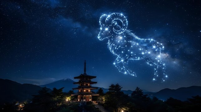 Glowing constellation ram figure formed by connected stars above