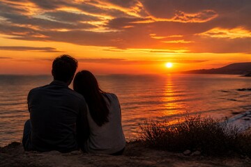 Fototapeta premium Couple sits together, watching sunset over calm ocean. Golden sky reflects on water's gentle surface. Silhouettes embrace as light fades into horizon. Peaceful moment, quiet joy shared between two