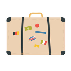 Fototapeta premium Tourist suitcase luggage, tourism and summer sea beach travel vacation vector illustration. Cartoon suitcase for happy summertime journey isolated on white