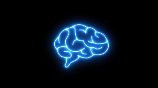 Medical futuristic technology of the neon lines drawing a human brain icon on black background. Neon Brain Organ Icon. Digital Design Symbol of Intelligence and Mind 4k