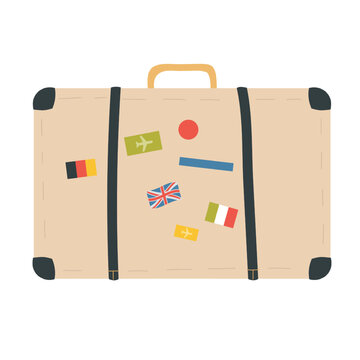 Tourist suitcase luggage, tourism and summer sea beach travel vacation vector illustration. Cartoon suitcase for happy summertime journey isolated on white