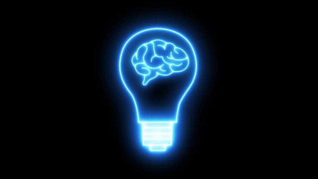 Glowing neon light bulb brain icon on black background. creative idea and innovation concept, neon human brain with light bulb inside. highlighting unique design and creativity concept.