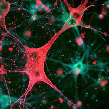 Fluorescent Microscopy Image of Neurons in Red and Green