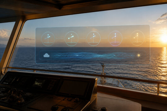 Empty Ship Bridge with Navigation Route Dashboard and Golden Ocean Horizon for Smart Maritime Operations