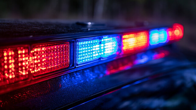 Bright red and blue emergency police lights flash at night. This visual is perfect for law enforcement, public safety, or crime scene documentary projects.