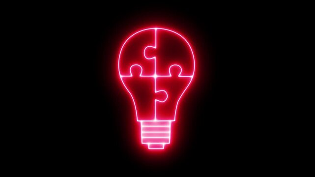 Glowing Light Bulb with Puzzle Pieces icon. Neon light bulb and puzzle icon combining. symbolizing creativity, problem solving, innovation, solution finding, brainstorming, and smart thinking. 4k
