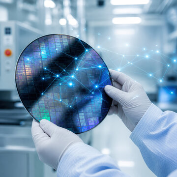 Gloved Hands Holding Silicon Wafer with Neural Lattice Pattern in Semiconductor Cleanroom for Advanced Chip
