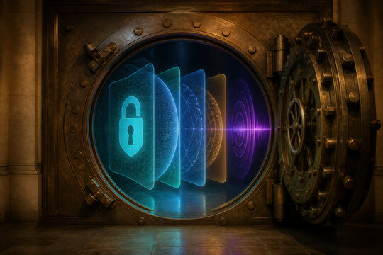 Historic Bank Vault with Cybersecurity Lattice for Digital Asset Protection Financial Security and Secure Data