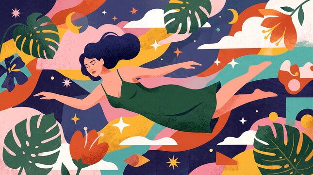 sleeping woman dreaming floating through leafy space