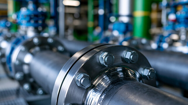 Close-up of a steel pipe flange connection with bolts in an industrial plant. This detailed view represents infrastructure maintenance and pipeline engineering systems.