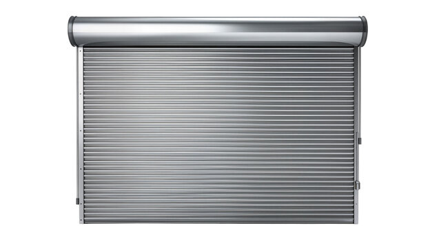 Closed metallic roller shutter door with horizontal slats, isolated on transparent background