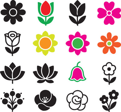 Set of simple flower icons and floral shapes in black and colorful designs