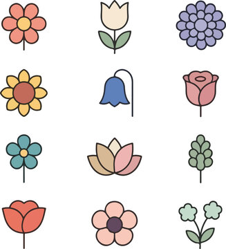 Set of colorful flower icons for spring garden design and nature decoration