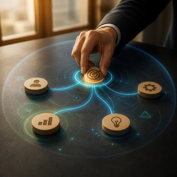 Business Strategy Network Hologram with Wooden Tokens for Corporate Planning Resource Allocation and Management