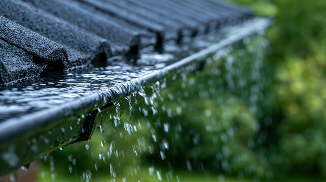 Heavy rain pours into a dirty gutter, cascading water down the side of a house roof.