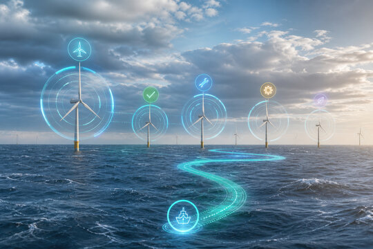 Offshore Wind Farm Service Route Hologram Across Choppy Sea for Turbine Maintenance and Marine Logistics Planning