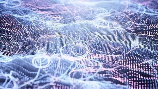 Luminous dot field shaping undulating digital landscape with filament traces, layered ridges, soft bloom, glowing depth, and futuristic data texture, with digital, dots, pins, grid detail