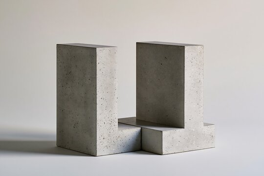 Two l shaped concrete blocks arranged together isolated on a light grey background, for architectural and, artistic display purposes