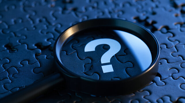 Magnifying glass over a question mark on a dark blue puzzle background. Concept for solving mysteries.