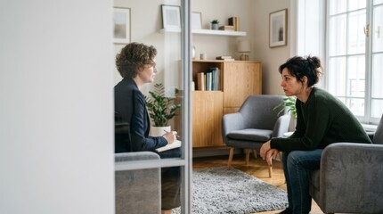 Fototapeta premium Woman in therapy session, side profile in a bright, modern consultation room with copy space