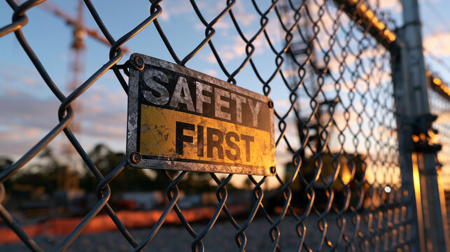 Worn 'Safety First' sign on a chain-link fence at a construction site during sunset. Industrial and work safety concept.