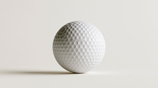 A single dimpled white golf ball is isolated on a white background with soft studio lighting. Sports equipment concept for advertising and design projects.