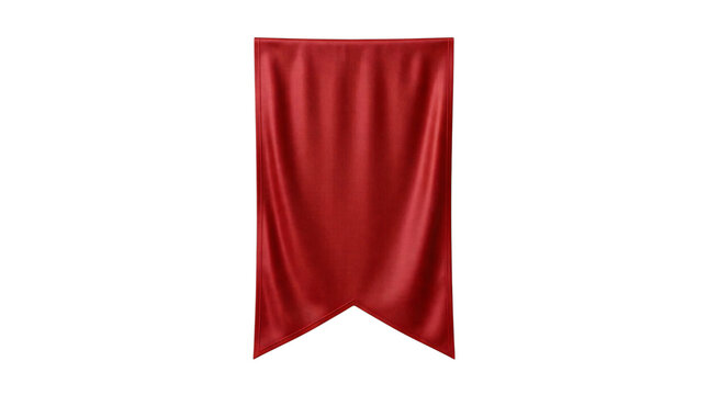 Red silk banner with swallowtail bottom, elegant hanging satin fabric pennant, royal velvet textile flag on white background
