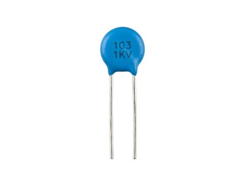 Blue ceramic capacitor with 103 1KV marking and metal leads