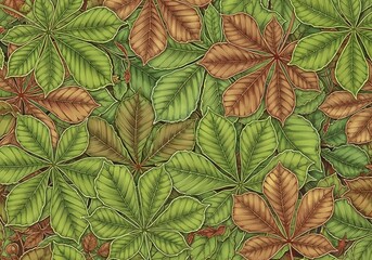 Fototapeta premium Seamless pattern of green and brown autumn leaves with detailed