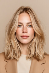 Naklejka premium Studio portrait of attractive blonde woman with natural makeup freckles and wavy medium hairstyle