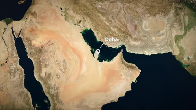 Earth globe zoom descending to Doha, Qatar featuring a white location pin, concentric circle highlight and typography for a travel graphic template