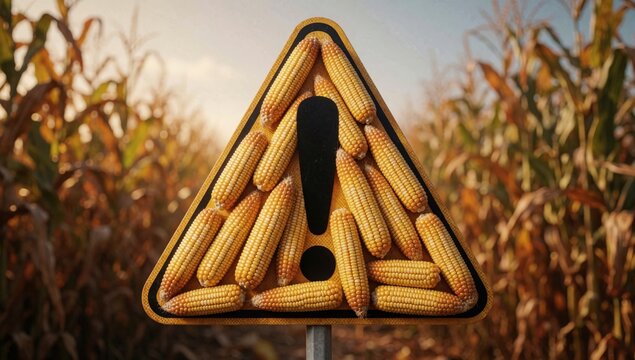 Triangular warning sign black triangle center inside there several ears corn arranged way overlapping each oth