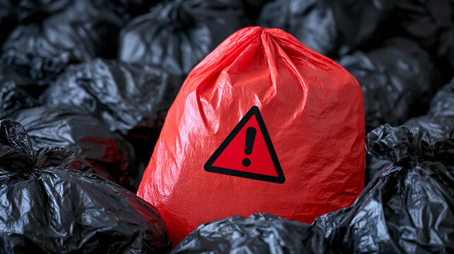 Bright red trash bag with warning symbol among black garbage bags. Hazardous waste disposal concept.