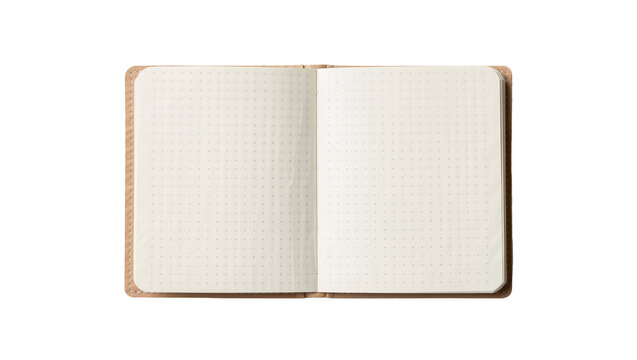 Open dot grid notebook with textured cover, isolated on transparent background