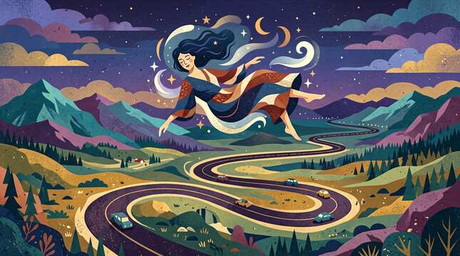 serene, dreamlike nocturnal landscape featuring a tranquil sleeping woman dreaming