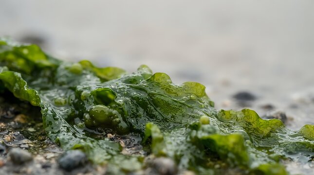 Vibrant green moss and algae growth on wet stone surface with shallow